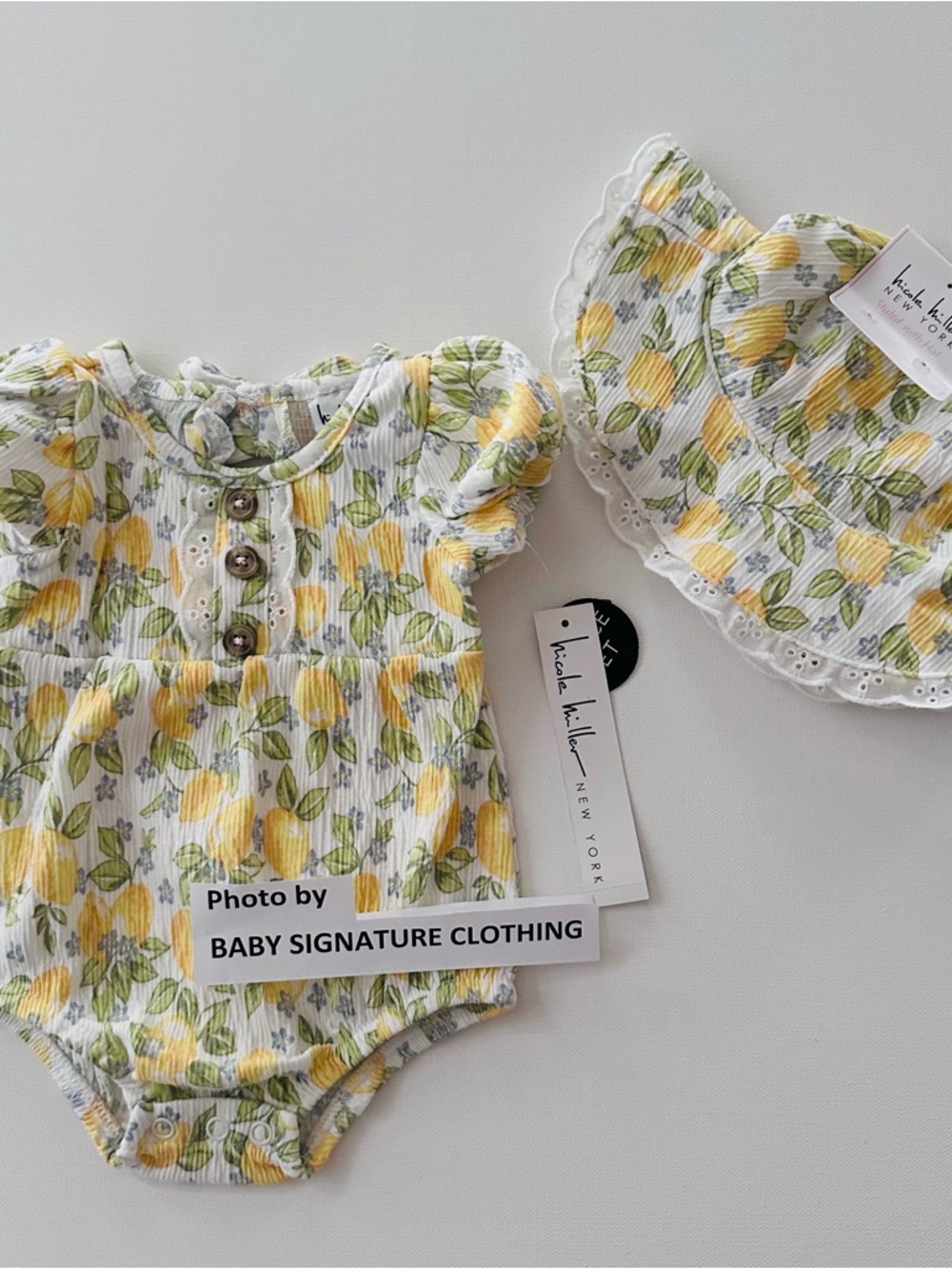 Nicole Miller 0-3 Months Baby Girl Yellow Lemon Print Romper Sun Hat Set Outfit